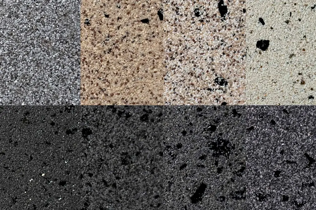 Kolaż: osiem powierzchni StoSuperlit® w odcieniach jasnoszarych, antracytowych i piaskowych