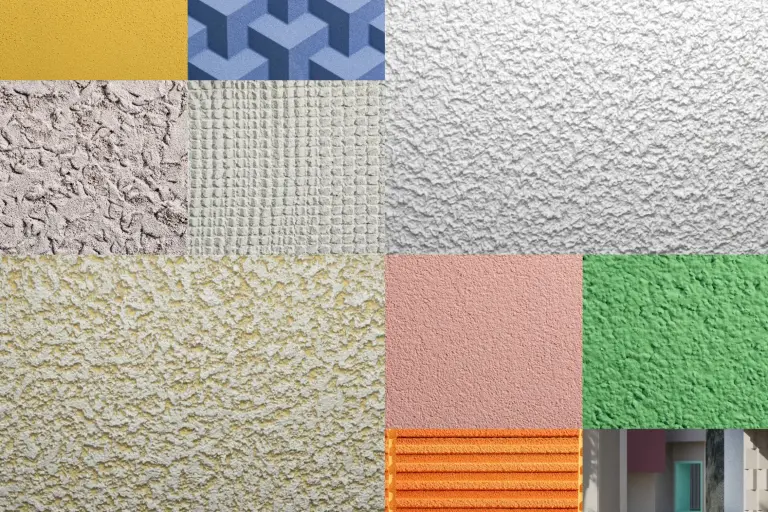 Collage verschiedener Fassaden und Oberflächen als Mix mit Beige-, Blau-, Grün- und Rot-Tönen