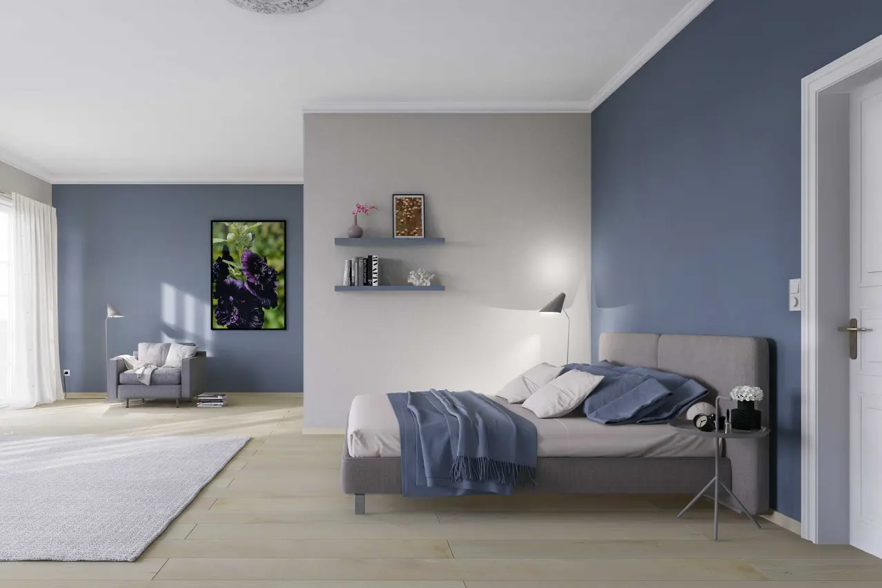 Schlafzimmer in Blau und Weiß, Farbgebung mit den Farbtönen Interior Colors 2024+ von Sto